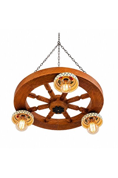 OEM Candelabru rustic din lemn masiv, tip roată de carucior - 3 becuri, culoa...