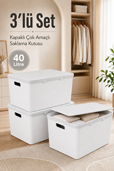 Funny Life 3’lü 40 L Kapaklı Saklama Kutusu Çok Amaçlı Plastik Organizer Düze...