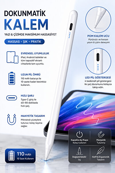 Bruntoo BR Universal Kapasitif Dokunmatik Stylus Kalem İpad (IOS) & Android Tablet Uyumlu Type-C Hızlı Şarj 10 Saat Kullanım Led Pil Göstergeli Manyetik, Değiştirilebilir Uç .