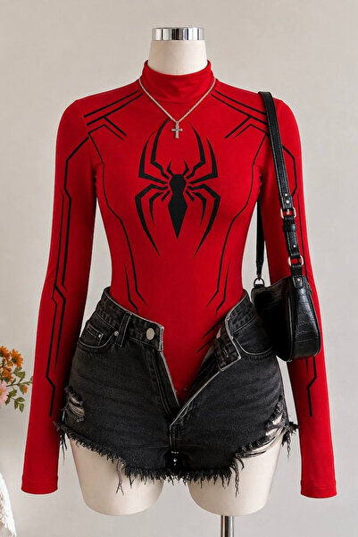 İlayda Toprak Spin Red Spider Finger-Loop Detailed Digital Printed High Collar Long Sleeve Snap Fastener Bodysuit
