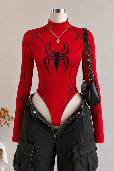 İlayda Toprak Spin Red Spider Finger-Loop Detailed Digital Printed High Collar Long Sleeve Snap Fastener Bodysuit