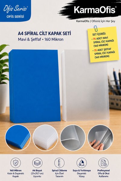 KarmaOfis A4 Spiral Cilt Kapağı Seti 160 Mikron – Mavi Renkli ve Şeffaf Ciltl...