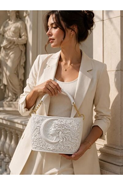 İncilaPearla Selene Pearl Antique Period 3D Design Women's Shoulder Bag – White