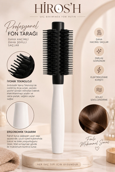 HİROS'H Profesyonel Fön Tarağı Yüksek Isıya Dayanıklı Ergonomik Tasarım Kolay...