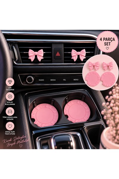 3d layer craft 4’lü Pembe Araç İçi Aksesuar Seti – Kurdele Izgara Süsü ve Bar...