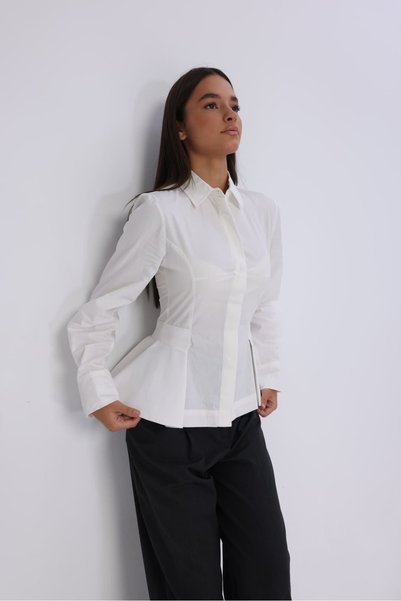 IDA Collection Women's White Waist Accent Corset Formed Long Sleeve Shirt