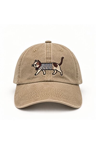 Loome Kedi Nakışlı Bej Eskitme Unisex Şapka – Ayarlanabilir