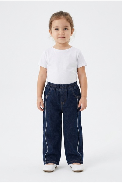 WGOCC JEANS Unisex Çocuk Beli Lastikli Düz Paça Rahat Kalıp Koyu Mavi Kot Pan...