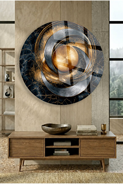 TAULART TABLIE ROTUNDĂ DE STICLĂ NEGRU AURIU DECOR DE PERETE ABSTRACT CADOU P...
