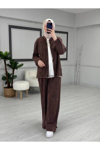 Butik Kardelen Lina Füme Şıklık Penye Takım – Kadın Oversize Rahat Kesim Üst Pantolon İkili Takım