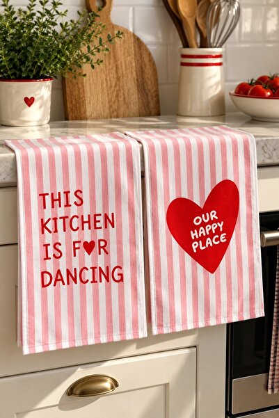 RahanDesign Set of 2 Kitchen Towels - Pink and White Striped Heart Patterned ...