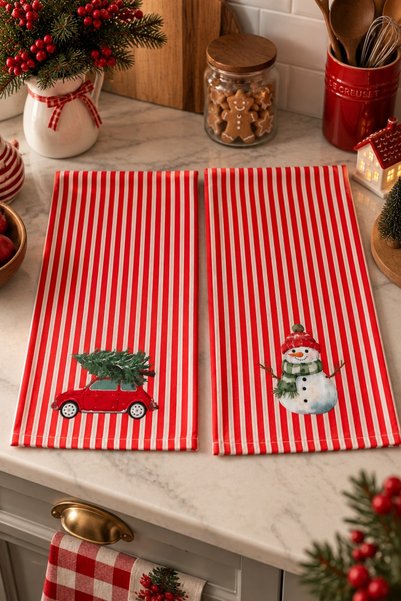 RahanDesign Christmas Themed Kitchen Towel Set of 2 – Snowman and Christmas Carriage Patterned Red and White Striped Decorative Drying Cloth