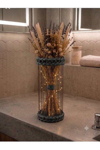 Egindra led ışıklı hasır örgü vintage eskitme jüt halat antrasit gri kuru çiç...