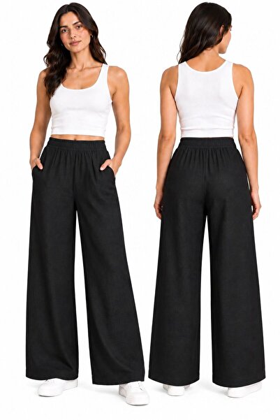 Luna Kadın Siyah Geniş Paça Beli Lastikli Keten Pantalon
