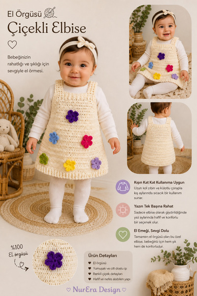 NurEra Design Hand Knitted Baby Girl Floral Dress-Handmade Cotton Knitted Gil...