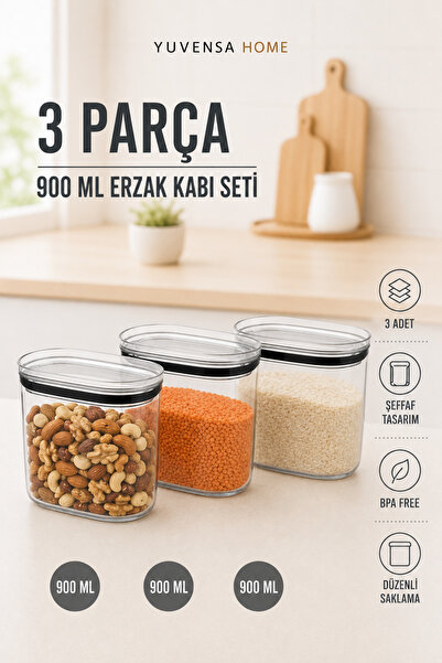 Yuvensa Home 900 ml Kapaklı Erzak Saklama Kabı Seti 3'lü – Mutfak Düzenleyici...