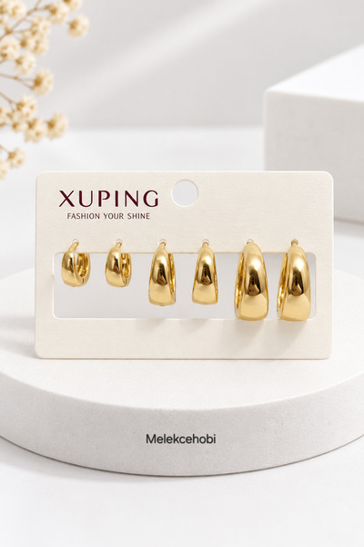 XUPING JEWELRY Xuping 6'lı Küpe Seti (3 Çift) Gold Bombeli Halka Küpe Kombini...
