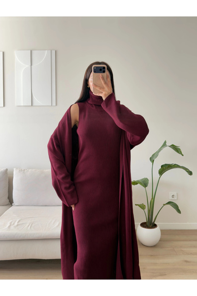 Zoom Butik Premium Hırkalı Triko Elbise Takım - BORDO