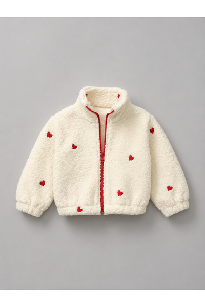 Genel Markalar Kız Çocuk Peluş Fermuarlı Nakışlı Polar Ceket