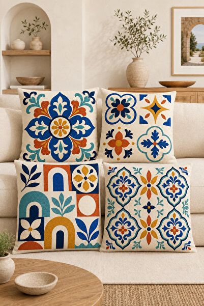 stellahomes Mediterranean Tile Motif Embroidery-Looking Digital Printed Decor...