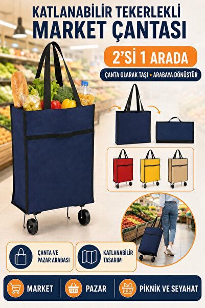 Hane Dostu Katlanabilir Tekerlekli Market Çantası 2’si 1 Arada Portatif Pazar...