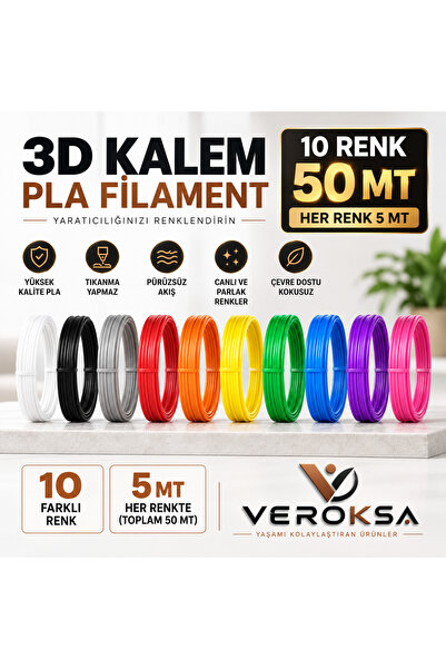 VEROKSA 3D Kalem PLA Filament 10 Renk 50 Metre – Her Renk 5 Metre 3D Kalem Fi...