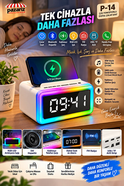 pazariz 6'sı 1 Arada Çalar Saat Bluetooth Hoparlör, Kablosuz Şarj, FM Radyo, RGB LED Ambiyans Işığı, Telefon Standı, USB ve MicroSD Destekli Taşınabilir Dijital Saat p14
