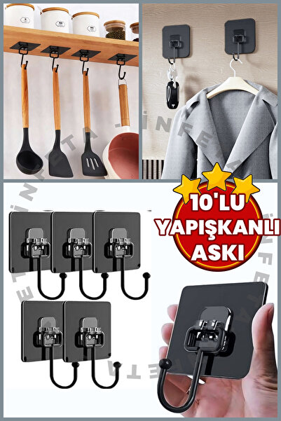 İnfeta 10 Pieces of Black Strong Adhesive Wall Hangers That Stick to the Wall...