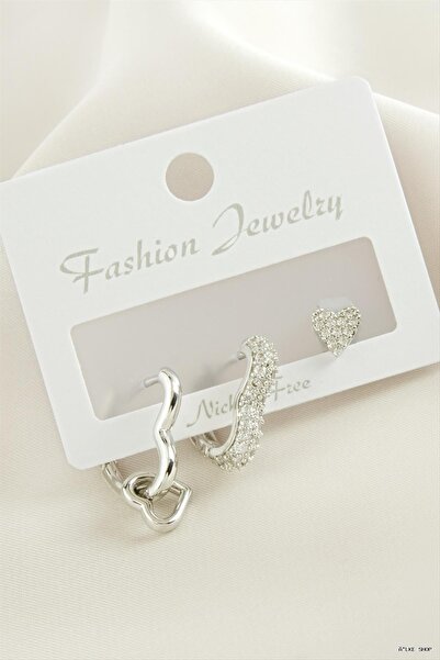 ZERO LAND Ilkestor 3 Pieces Heart Zircon Stone Earrings (231320) Silver Color