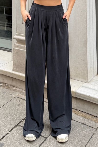 noov Women's Cupra Modal Pleated Wide Leg Casual Pants 6006 Anthracite - Premium Series
