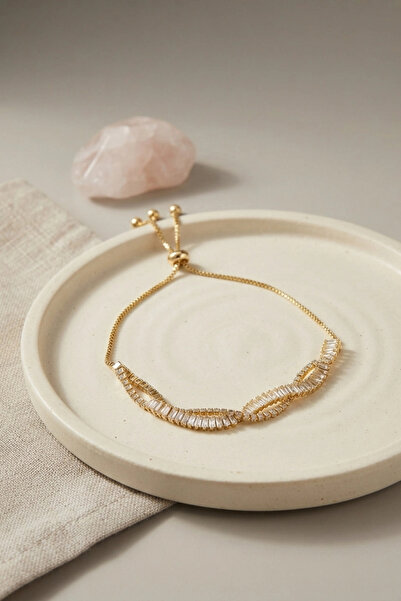 ARMÜZ Gold Color Baguette Zircon Stone Spiral Model Brass Elevator Bracelet