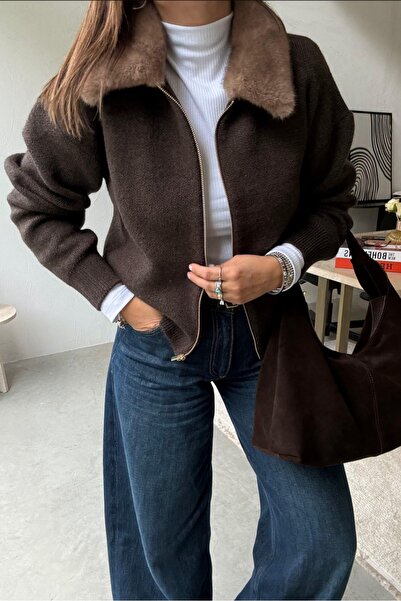 STYLE STOP Kadın Tam Fermuarlı Kürk Yakalı Kahve Renk Rahat Kalıp Kazak