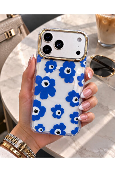 KILIF HOUSE Iphone 17 Pro Max Uyumlu Gold Kamera Çerçeveli Şeffaf Desenli Mag...