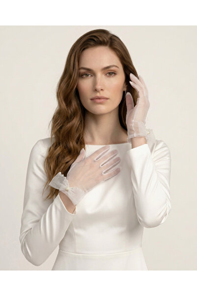 Mortex White Pearl and Bow Detailed Tulle Short Women's Gloves – Accessory fo...