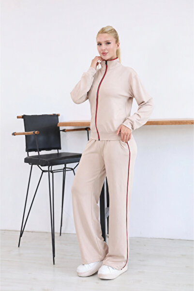 YONEZ MODA Women's Ribbed Zippered High Collar Wide Leg Two-Piece Tracksuit Set