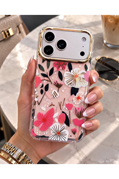 KILIF HOUSE Iphone 17 Pro Max Uyumlu Gold Kamera Çerçeveli Şeffaf Desenli Mag...