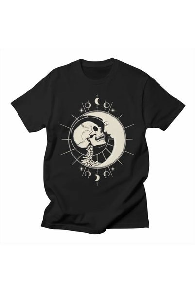 ship master Men's Oversize Moon and Skull Printed T-Shirt