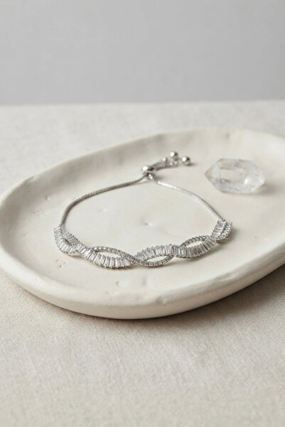 ARMÜZ Silver Color Baguette Zircon Stone Spiral Model Brass Elevator Bracelet