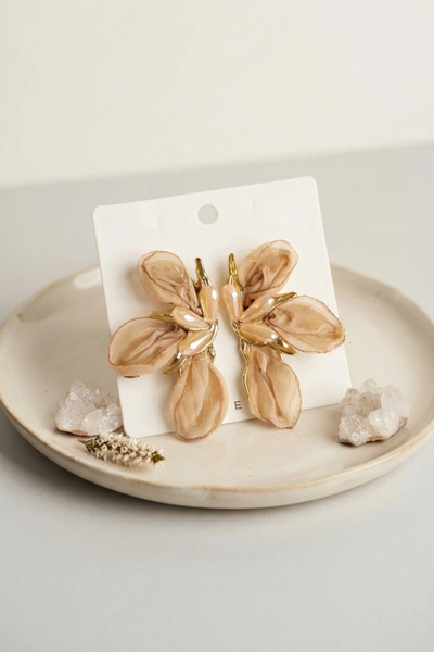 ARMÜZ Brown Color Orchid Model Organza Earrings
