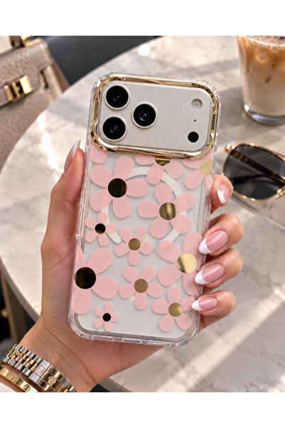KILIF HOUSE Iphone 14 Pro Max Uyumlu Gold Kamera Çerçeveli Şeffaf Desenli Mag...
