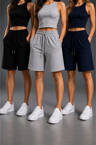 JULİA MODA (3 Pieces) Trend Women's Shorts Oversize Ultra Comfort (Black-Grey...