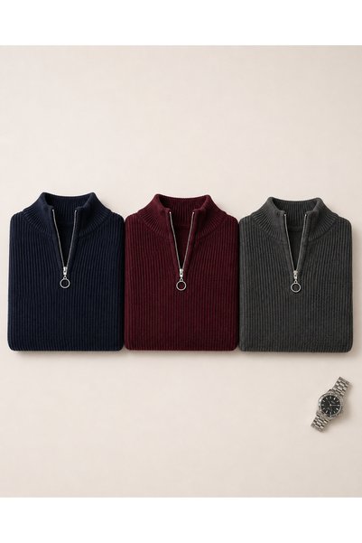 YONEZ MODA Pulover tricotat cu jumătate de fermoar și guler înalt pentru bărb...
