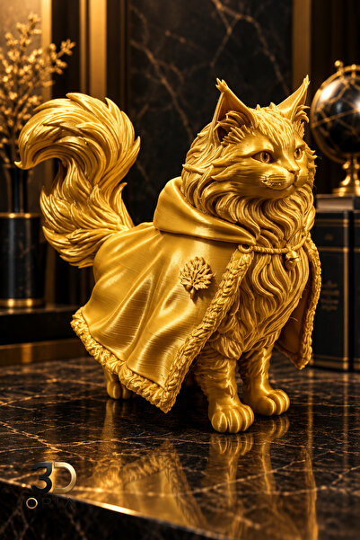 3DOria 3D Baskı Gold Kedi Biblo Dekoratif Heykel Pelerinli Kedi Figürü Masaüs...