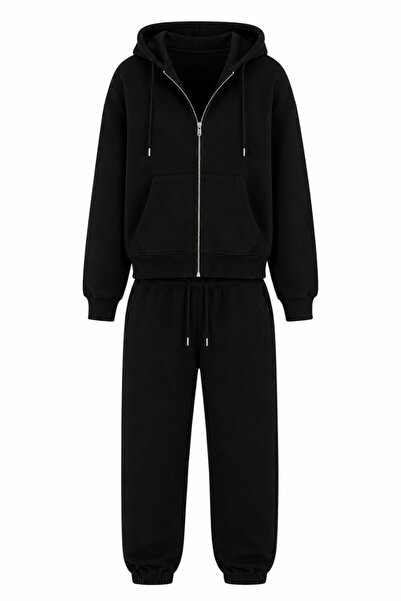 Runades Kadın Kapüşonlu Fermuarlı Sweatshirt Hırka ve Eşofman Altı Rahat Kalıp Alt Üst Takım