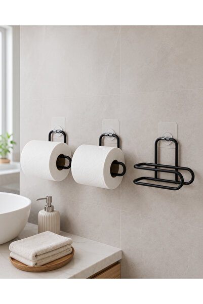 Generic Brand 3 Pieces Adhesive Roll Holder Black Metal Toilet Paper Hanger