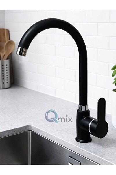 QMİX صنبور حوض المطبخ، هيكل نحاسي، لون أسود، تصميم فاخر مع مدخل مياه مزدوج