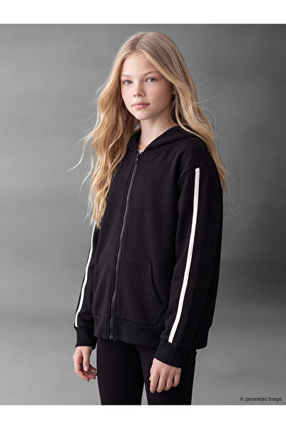 LC Waikiki Lcw Black Hooded Girls' Zippered Sweatshirt