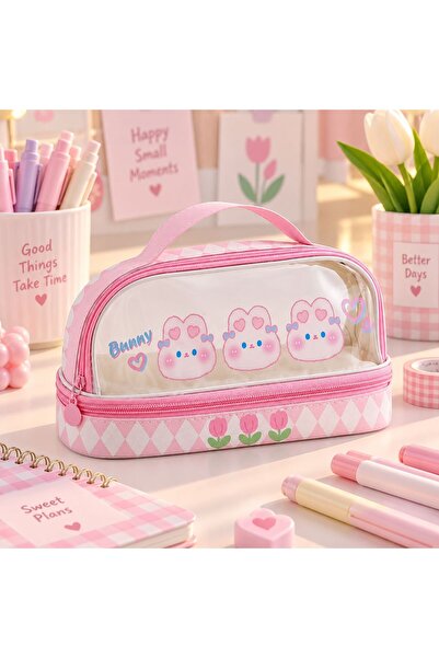 BABUN Geniş Hacimli Fermuarlı Kawaii Şeffaf Suya Dayanıklı Kalemlik Kulplu Ka...