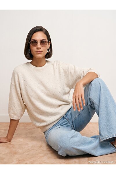 Dilvin 10856 Shiny Short Sleeve Sweater-Cream