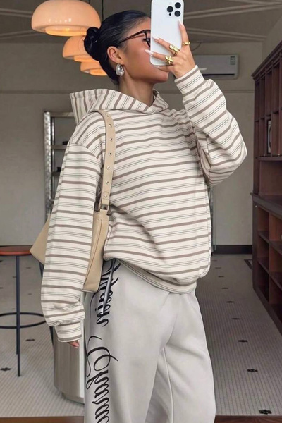 İlayda Toprak Hood Cream Striped Pattern Hooded Oversize Hoodie Casual Long Sleeve Sweatshirt